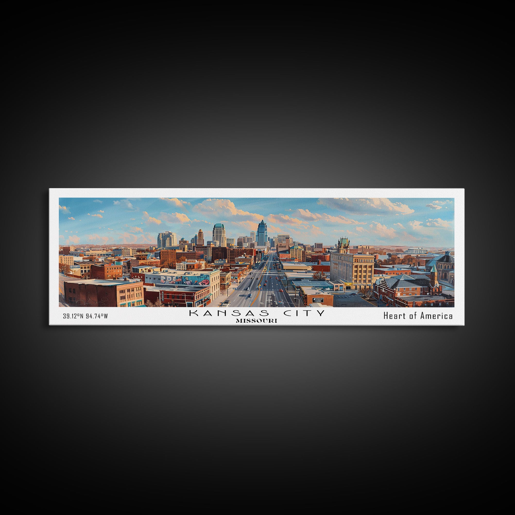 Kansas City Missouri Panoramic Cityscape Painting, Framed Canvas Print, Urban Decor, Office Wall Art, Watercolor Travel Poster, Home Decoration