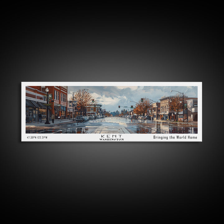 Kent Washington Panoramic Cityscape Wall Art, Watercolor Framed Canvas Print, Urban Painting for Living Room, Office Decor, Travel Poster