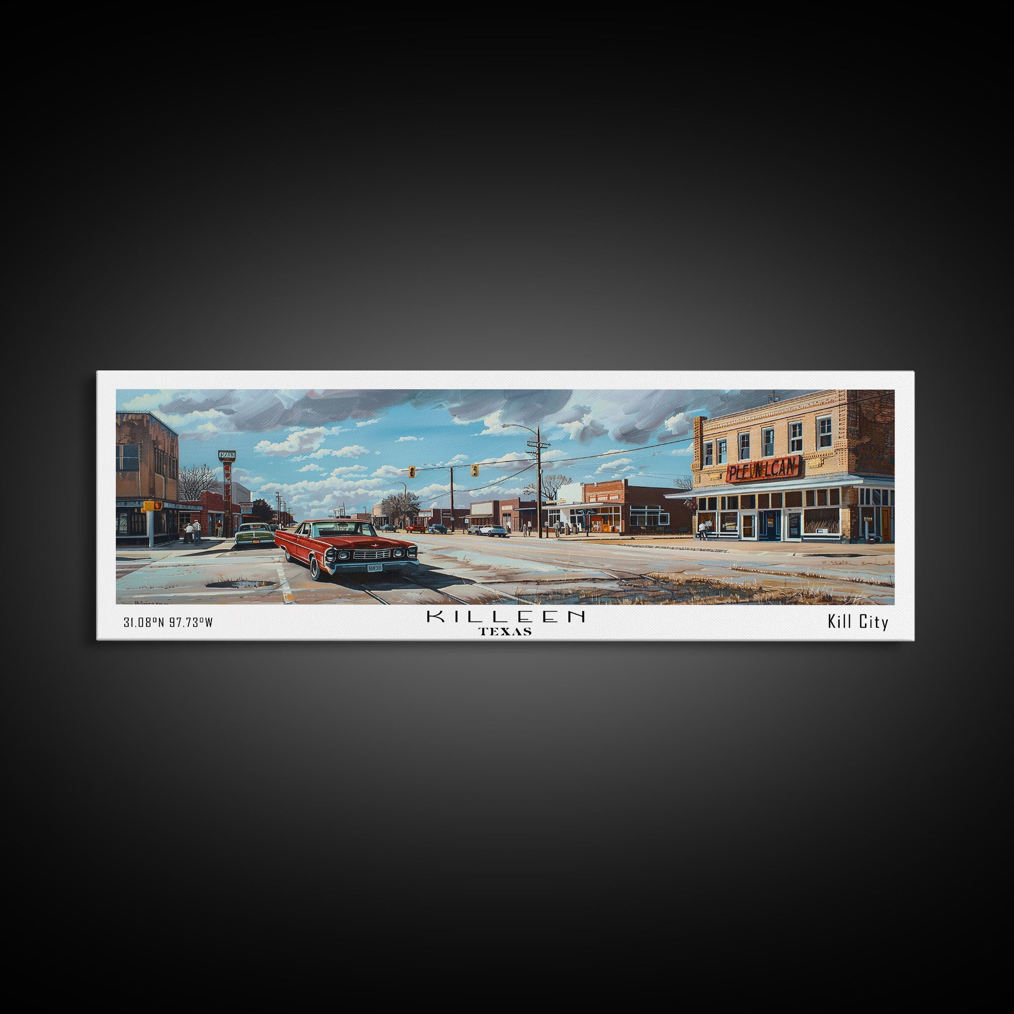 Killen Texas Panoramic Cityscape Wall Art, Watercolor Framed Canvas Print, Urban Painting for Living Room, Office Decor, Travel Poster