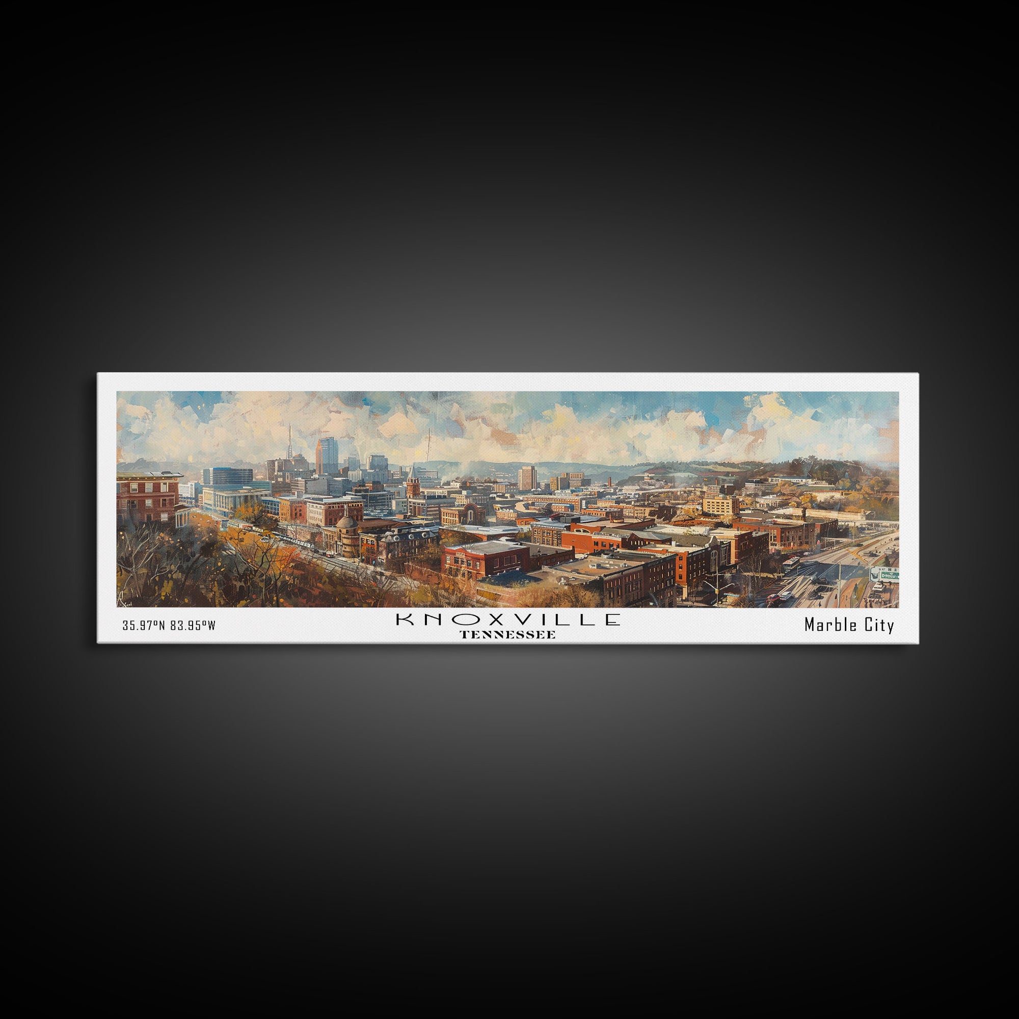 Knoxville Tennessee Panoramic Watercolor Cityscape, Framed Canvas Print for Living Room, Office Wall Art, Urban Decor, Travel Poster