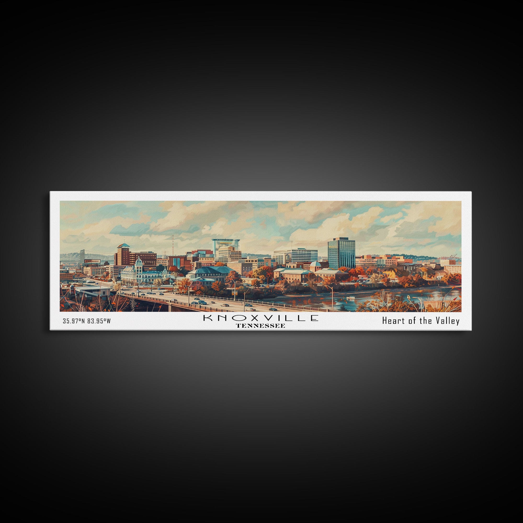 Knoxville Tennessee Panoramic Cityscape Wall Art, Watercolor Framed Canvas Print, Urban Painting for Living Room, Office Decor, Travel Poster