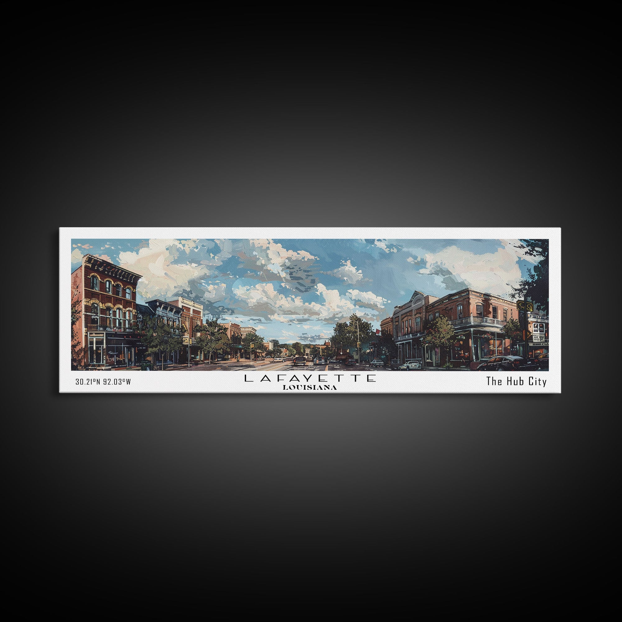Lafayette Louisiana Panoramic Watercolor Cityscape, Framed Canvas Print for Living Room, Office Wall Art, Urban Decor, Travel Poster