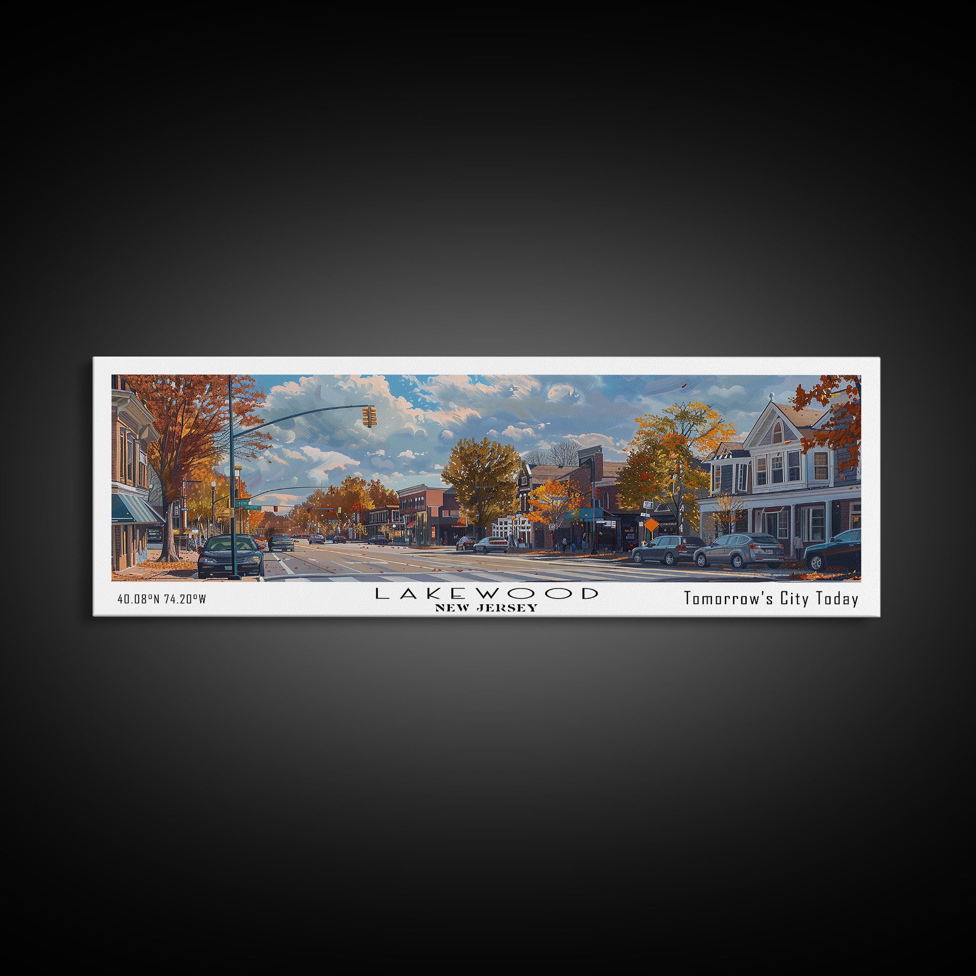Lakewood New Jersey Panoramic Watercolor Cityscape, Framed Canvas Print for Living Room, Office Wall Art, Urban Decor, Travel Poster