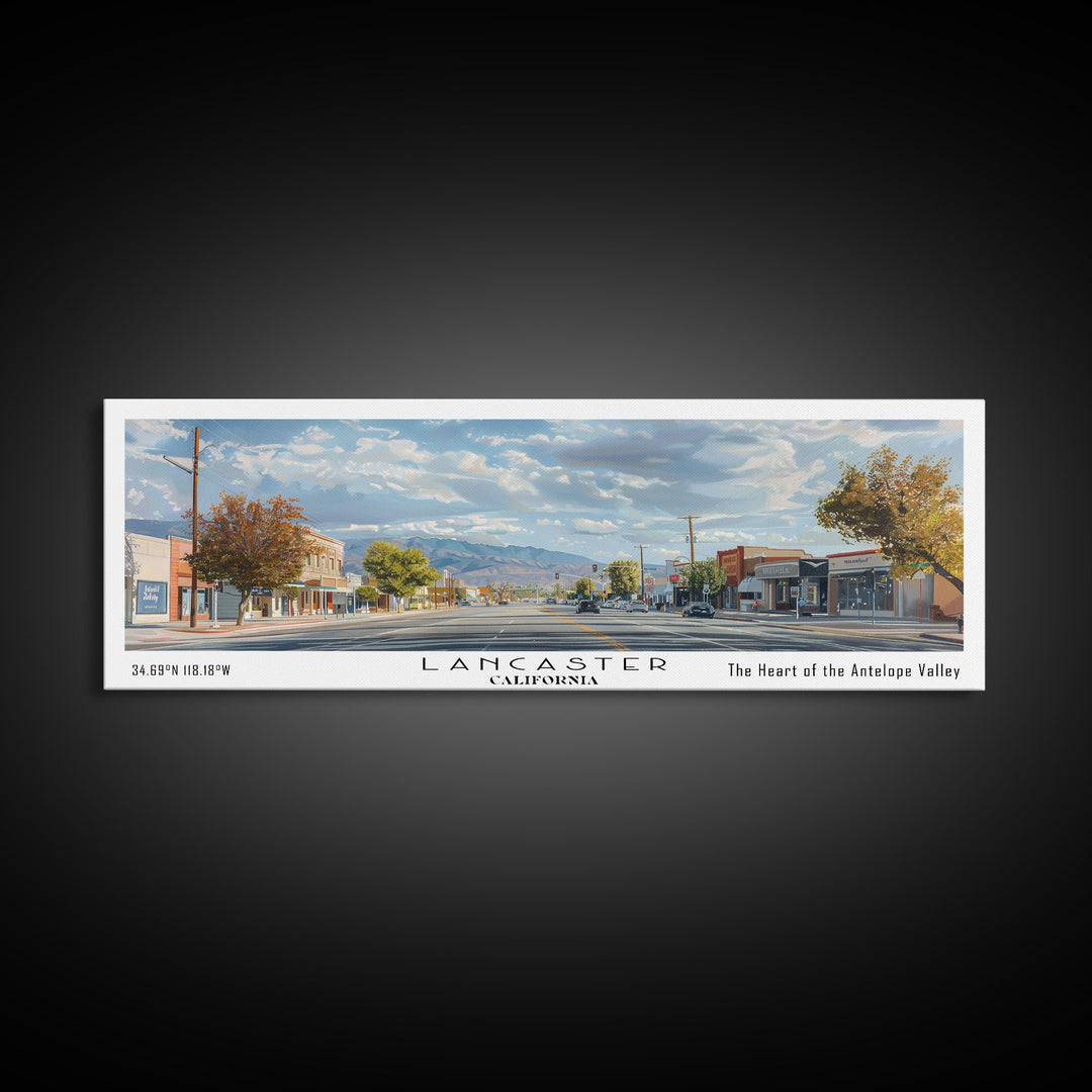 Lancaster California Panoramic Cityscape Painting, Framed Canvas Print, Urban Decor, Office Wall Art, Watercolor Travel Poster, Home Decoration