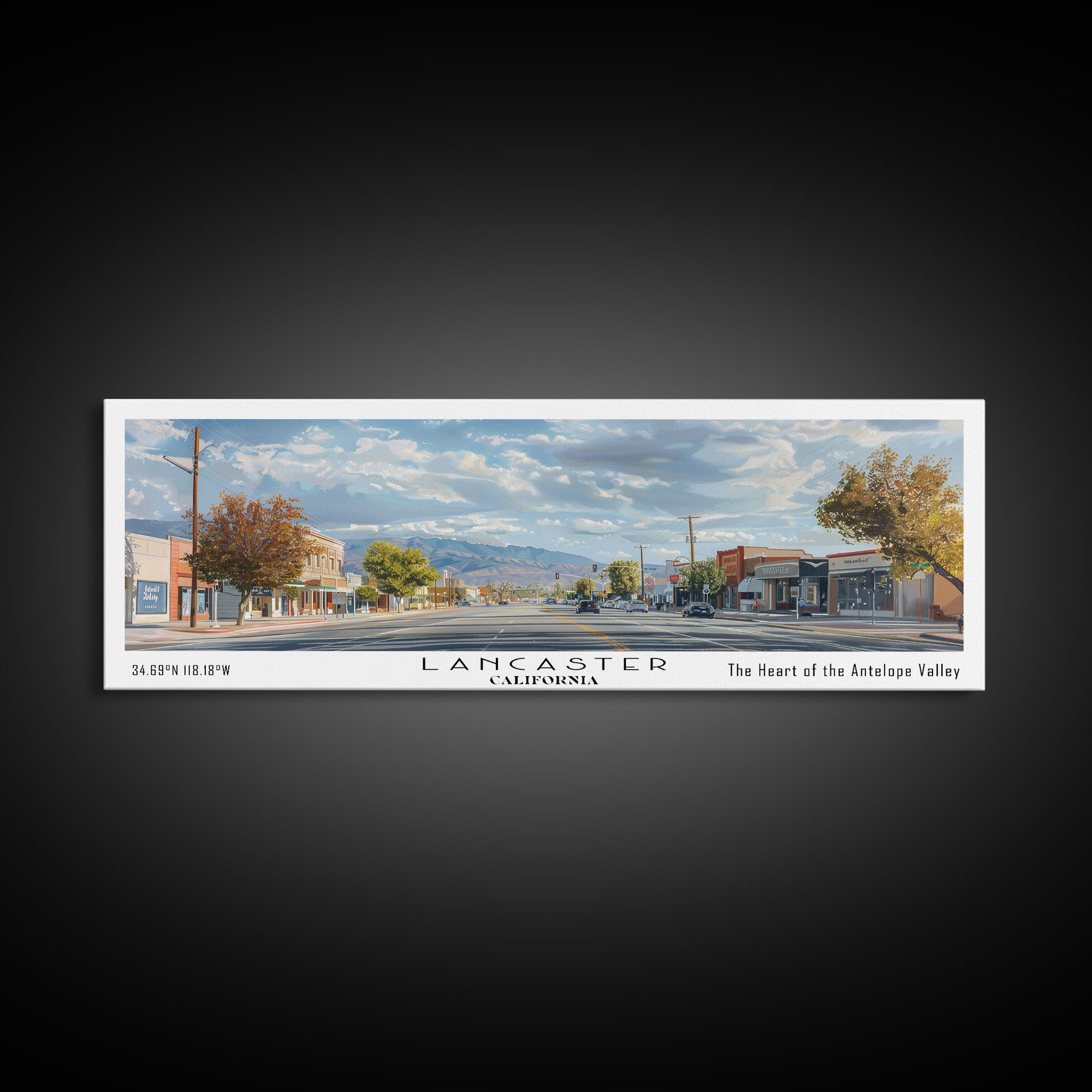 Lancaster California Panoramic Cityscape Painting, Framed Canvas Print, Urban Decor, Office Wall Art, Watercolor Travel Poster, Home Decoration