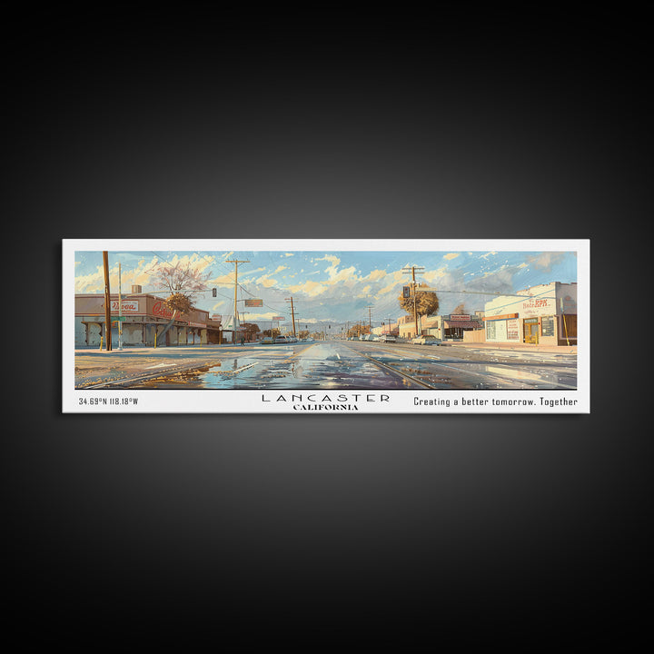 Lancaster California Panoramic Cityscape Wall Art, Watercolor Framed Canvas Print, Urban Painting for Living Room, Office Decor, Travel Poster