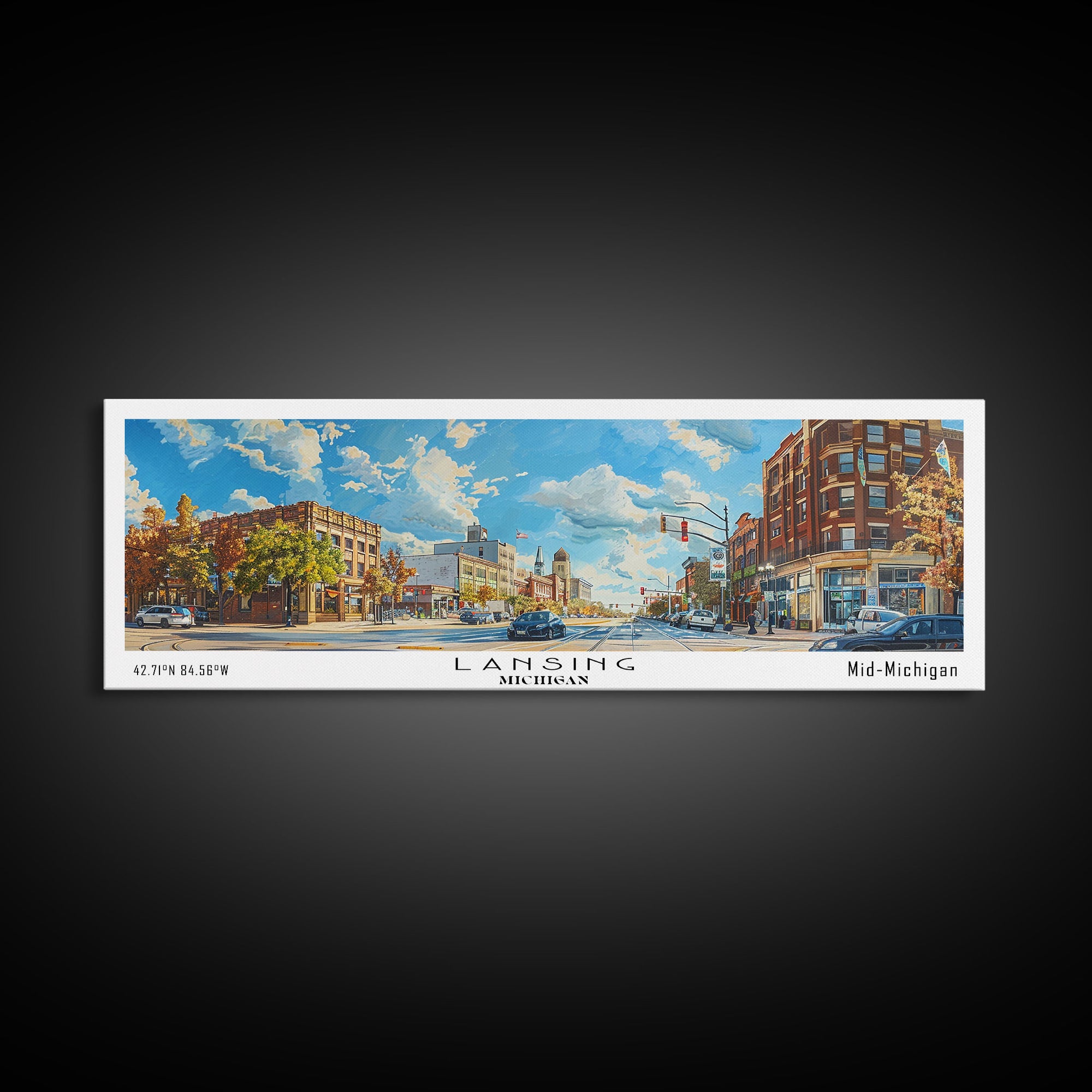 Lansing Michigan Panoramic Cityscape Wall Art, Watercolor Framed Canvas Print, Urban Painting for Living Room, Office Decor, Travel Poster