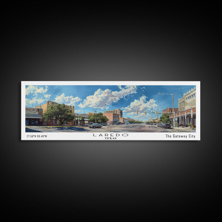 Laredo Texas Panoramic Cityscape Painting, Framed Canvas Print, Urban Decor, Office Wall Art, Watercolor Travel Poster, Home Decoration