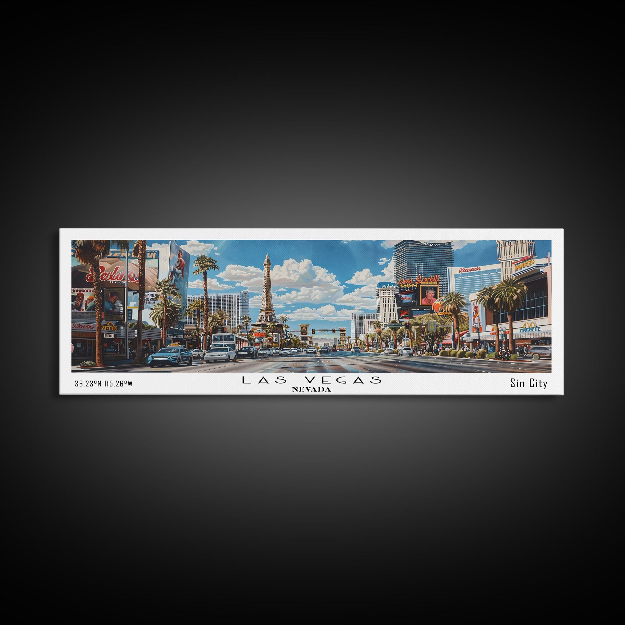 Las Vegas Nevada Panoramic Watercolor Cityscape, Framed Canvas Print for Living Room, Office Wall Art, Urban Decor, Travel Poster