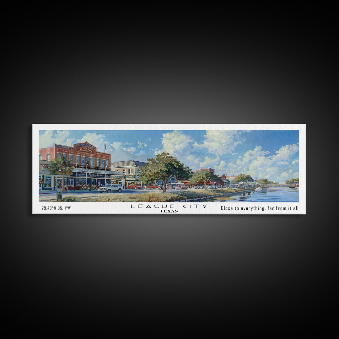 League City Texas Panoramic Watercolor Cityscape, Framed Canvas Print for Living Room, Office Wall Art, Urban Decor, Travel Poster
