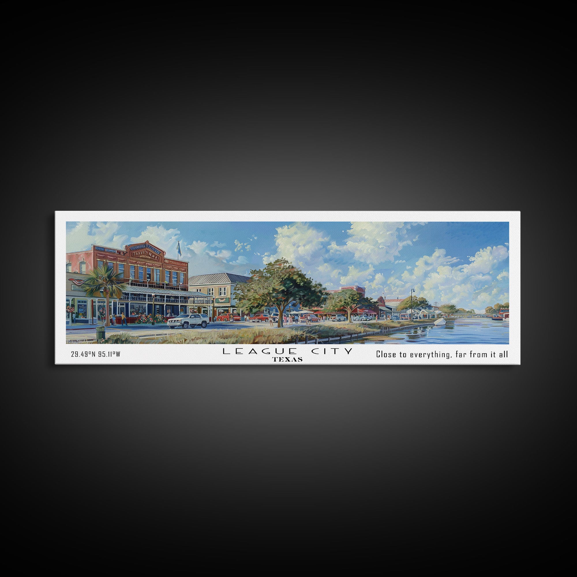 League City Texas Panoramic Watercolor Cityscape, Framed Canvas Print for Living Room, Office Wall Art, Urban Decor, Travel Poster