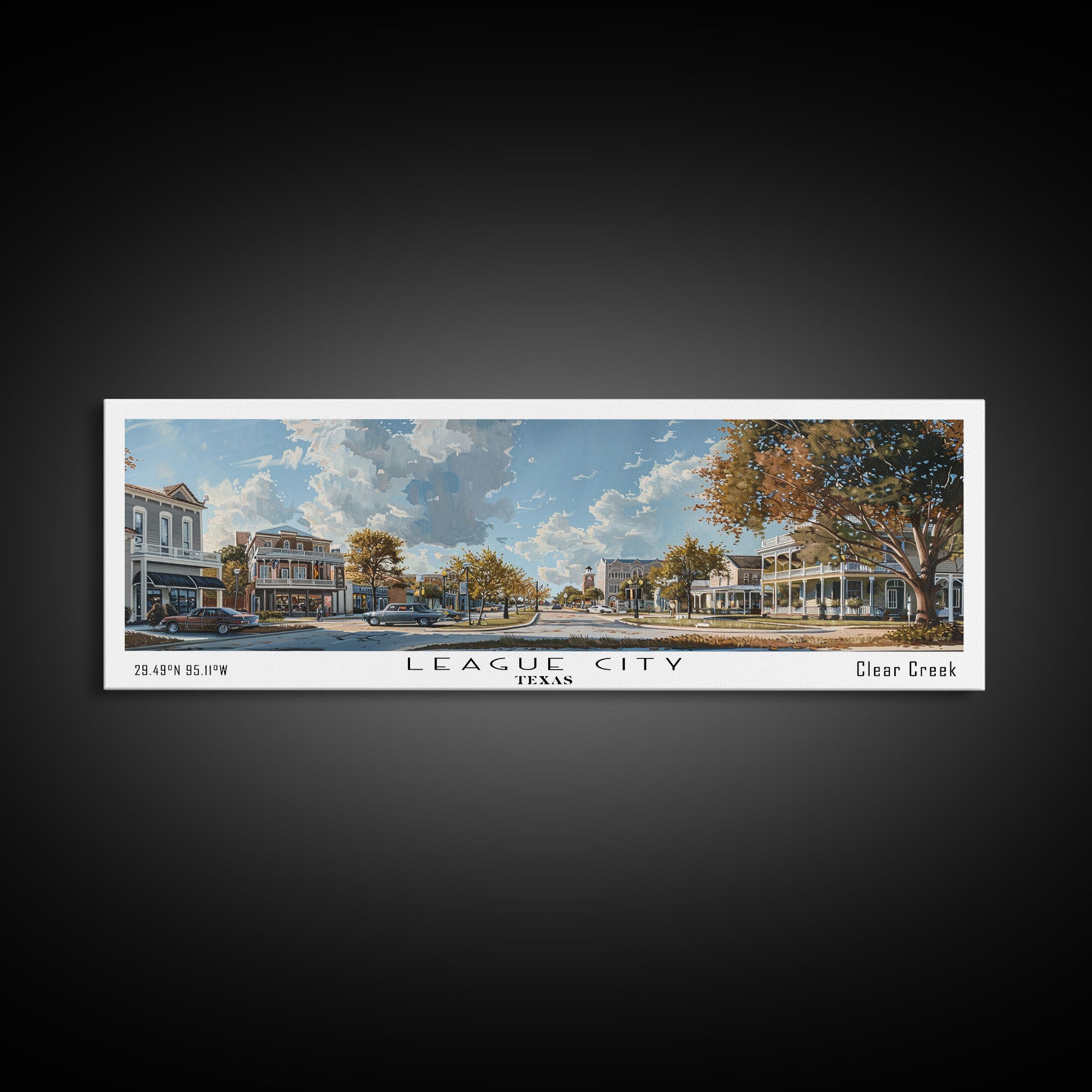League City Texas Panoramic Cityscape Wall Art, Watercolor Framed Canvas Print, Urban Painting for Living Room, Office Decor, Travel Poster