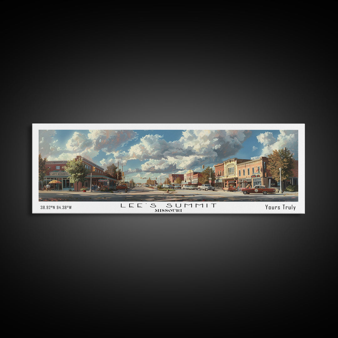Lees Summit Missouri Panoramic Cityscape Wall Art, Watercolor Framed Canvas Print, Urban Painting for Living Room, Office Decor, Travel Poster