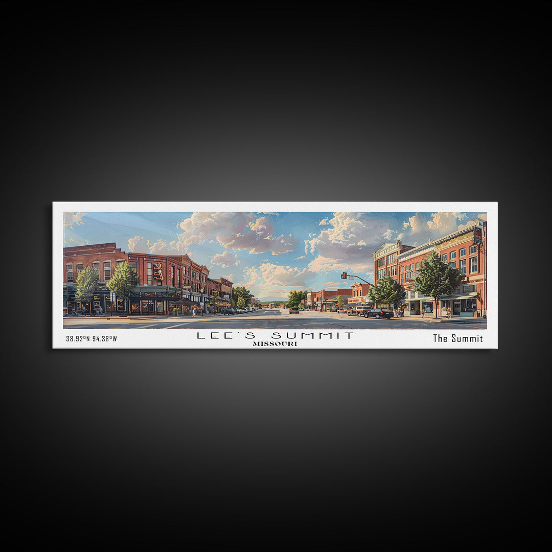 Lees Summit Missouri Panoramic Watercolor Cityscape, Framed Canvas Print for Living Room, Office Wall Art, Urban Decor, Travel Poster