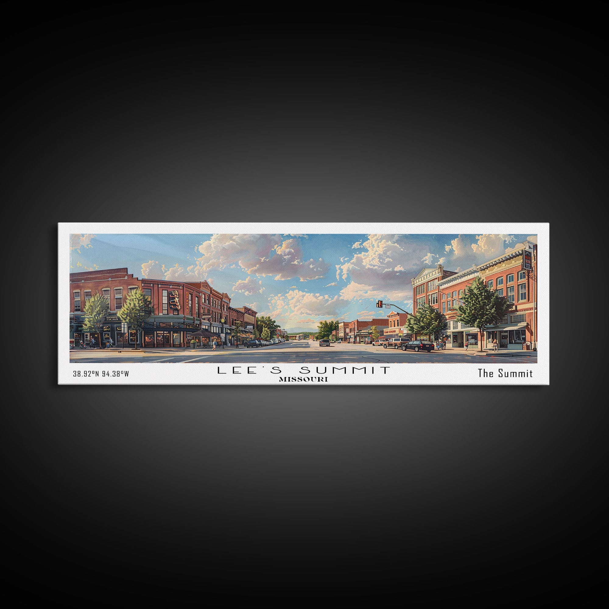 Lees Summit Missouri Panoramic Watercolor Cityscape, Framed Canvas Print for Living Room, Office Wall Art, Urban Decor, Travel Poster
