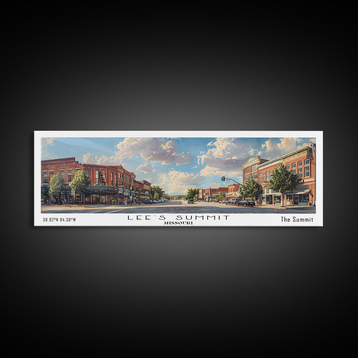 Lees Summit Missouri Panoramic Watercolor Cityscape, Framed Canvas Print for Living Room, Office Wall Art, Urban Decor, Travel Poster