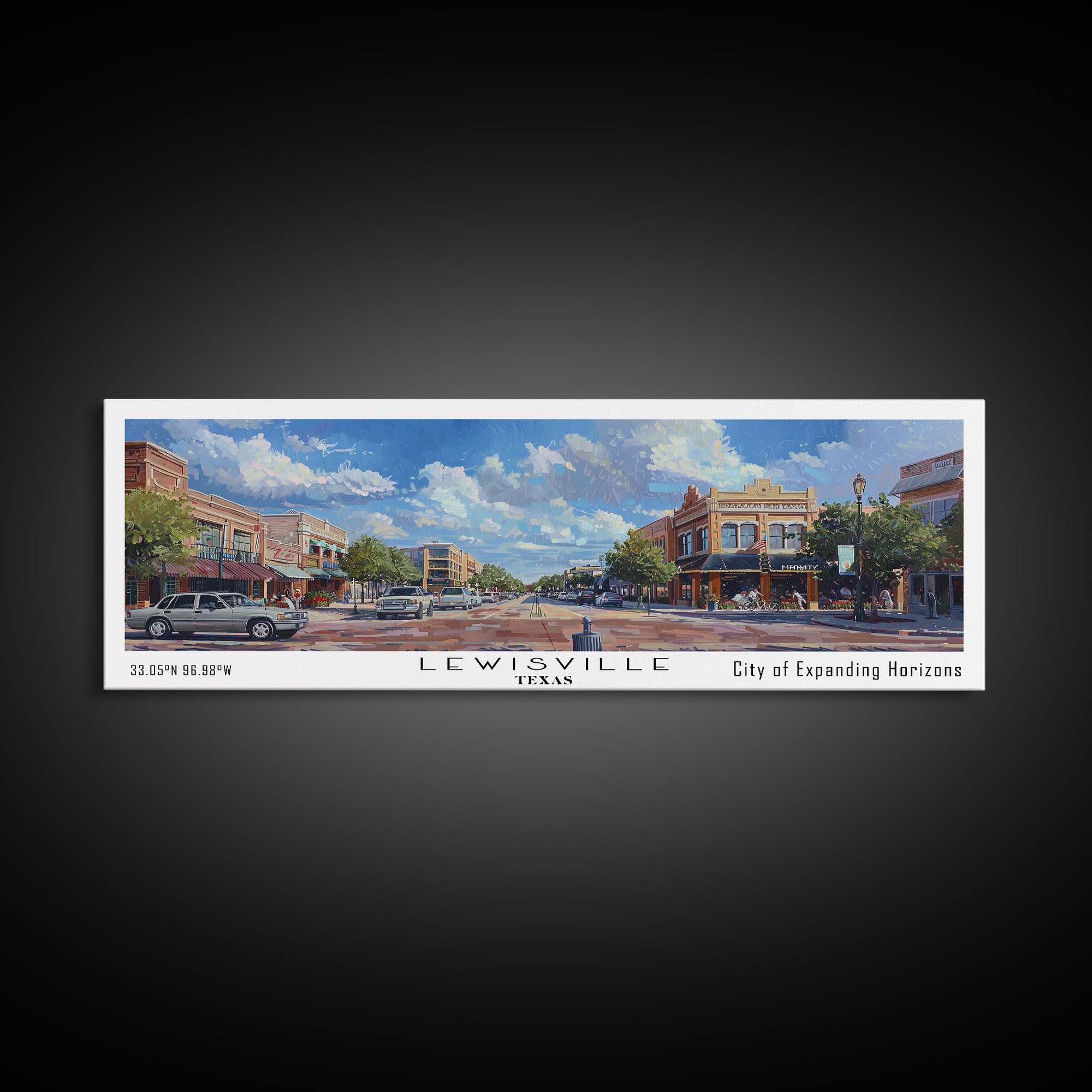 Lewisville Texas Panoramic Cityscape Painting, Framed Canvas Print, Urban Decor, Office Wall Art, Watercolor Travel Poster, Home Decoration