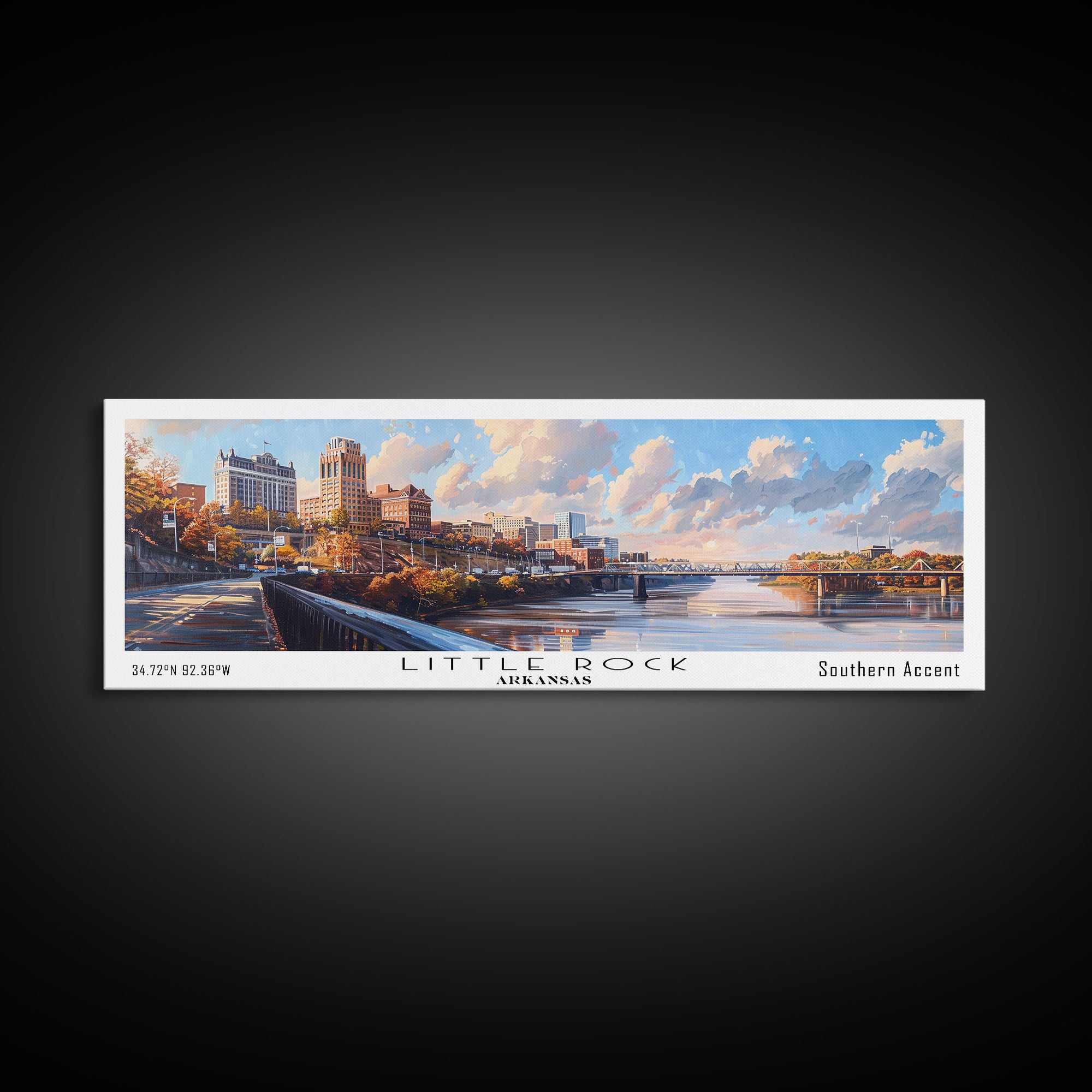 Little Rock Arkansas Panoramic Watercolor Cityscape, Framed Canvas Print for Living Room, Office Wall Art, Urban Decor, Travel Poster