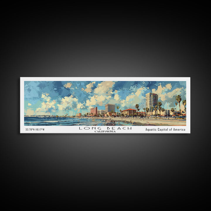 Long Beach California Panoramic Cityscape Painting, Framed Canvas Print, Urban Decor, Office Wall Art, Watercolor Travel Poster, Home Decoration