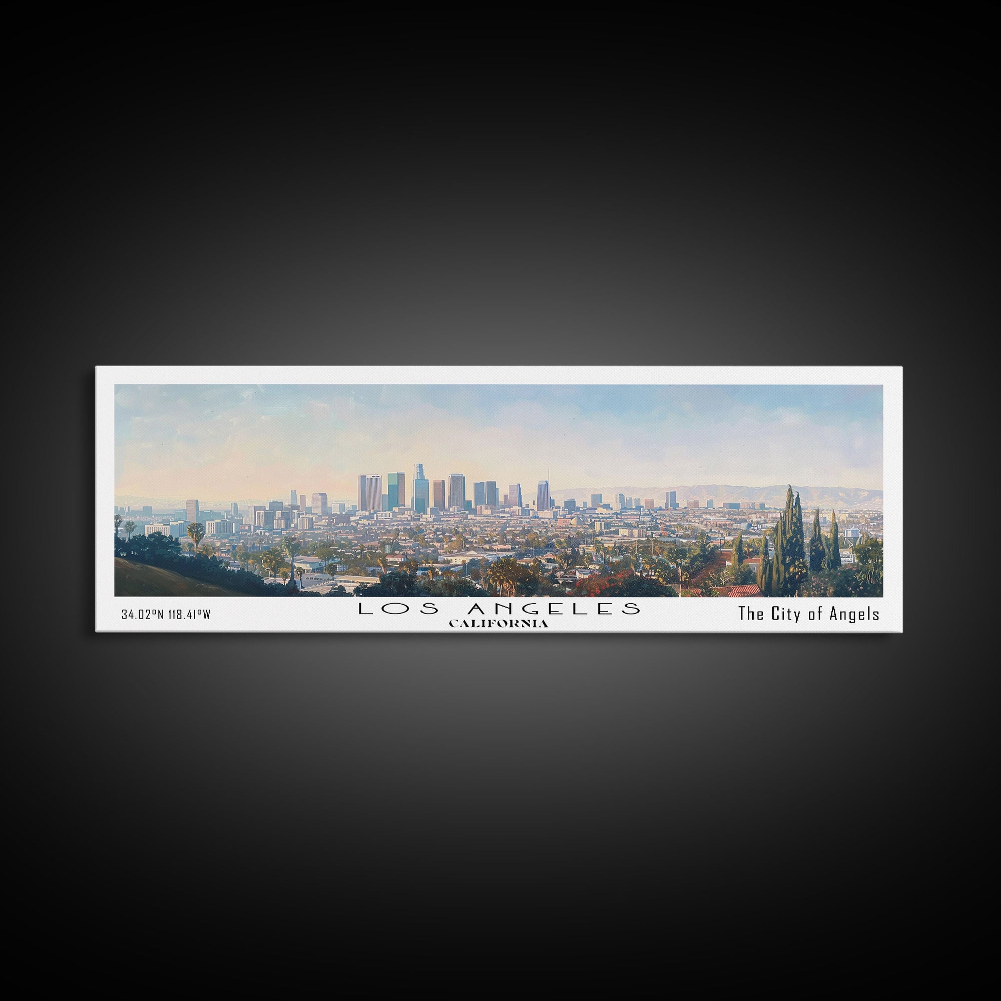Los Angeles California Panoramic Cityscape Wall Art, Watercolor Framed Canvas Print, Urban Painting for Living Room, Office Decor, Travel Poster
