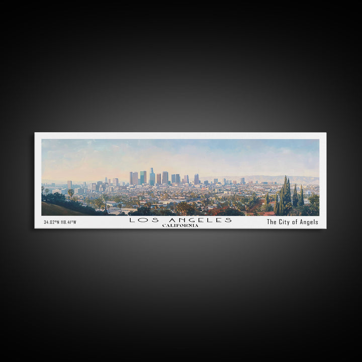 Los Angeles California Panoramic Cityscape Wall Art, Watercolor Framed Canvas Print, Urban Painting for Living Room, Office Decor, Travel Poster