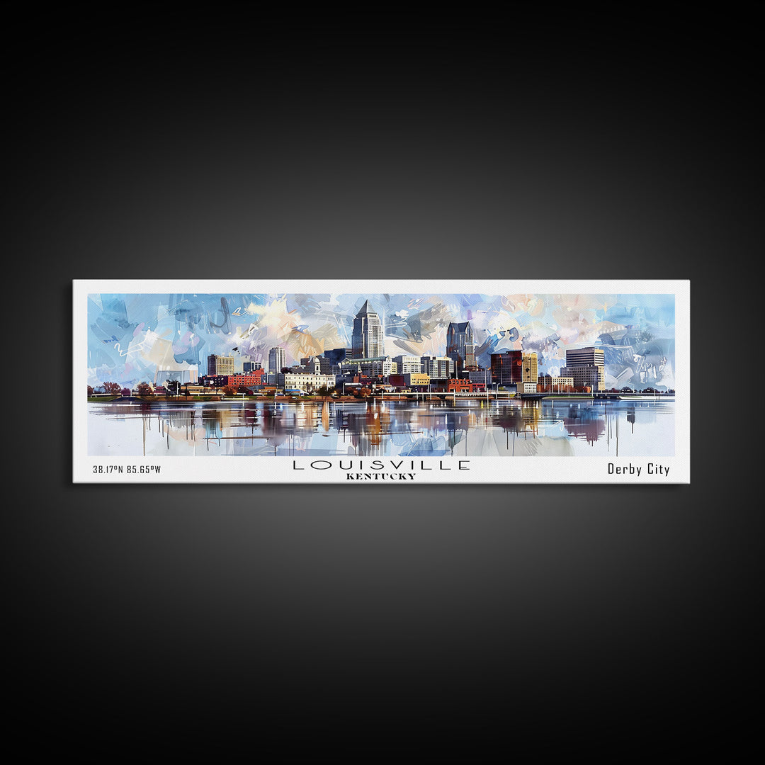 Louisville Kentucky Panoramic Cityscape Wall Art, Watercolor Framed Canvas Print, Urban Painting for Living Room, Office Decor, Travel Poster
