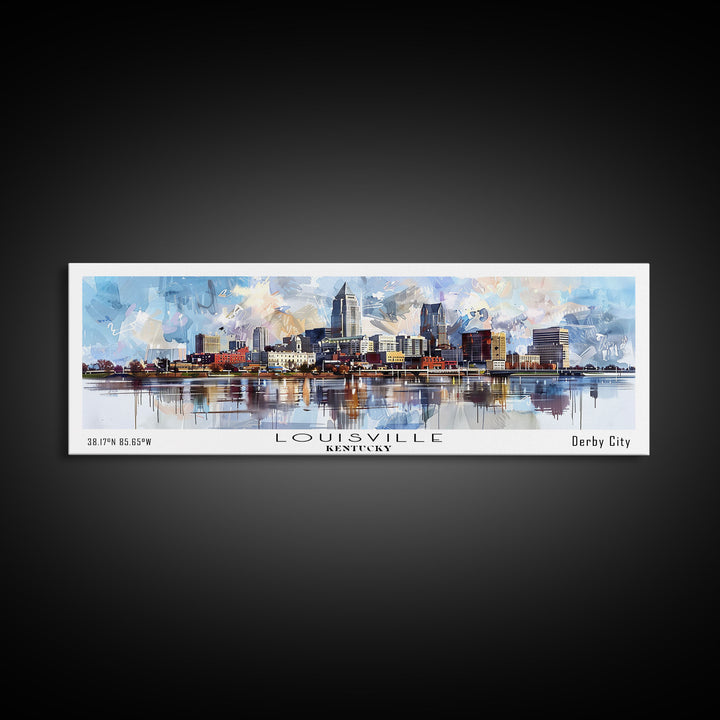 Louisville Kentucky Panoramic Cityscape Wall Art, Watercolor Framed Canvas Print, Urban Painting for Living Room, Office Decor, Travel Poster