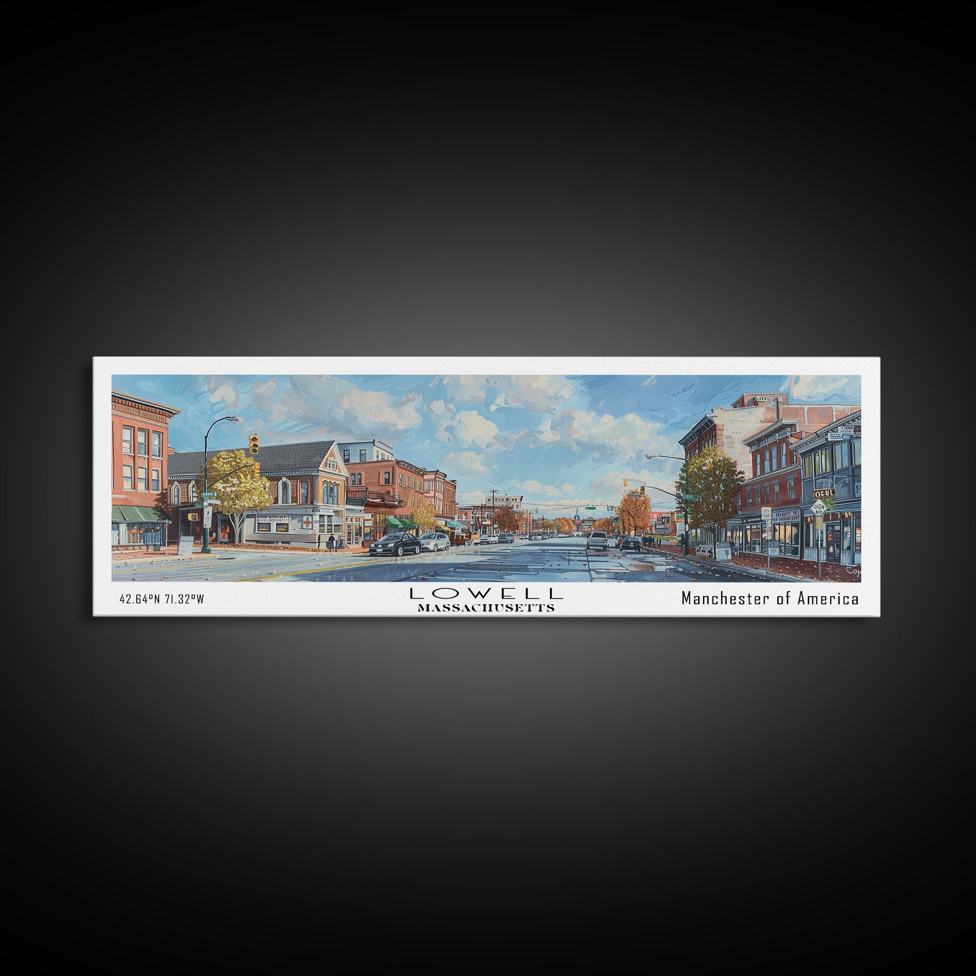 Lowell Massachusetts Panoramic Watercolor Cityscape, Framed Canvas Print for Living Room, Office Wall Art, Urban Decor, Travel Poster