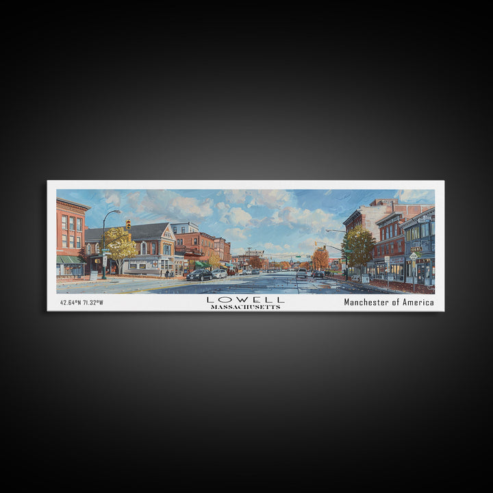 Lowell Massachusetts Panoramic Watercolor Cityscape, Framed Canvas Print for Living Room, Office Wall Art, Urban Decor, Travel Poster