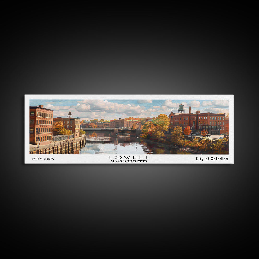 Lowell Massachusetts Panoramic Cityscape Wall Art, Watercolor Framed Canvas Print, Urban Painting for Living Room, Office Decor, Travel Poster
