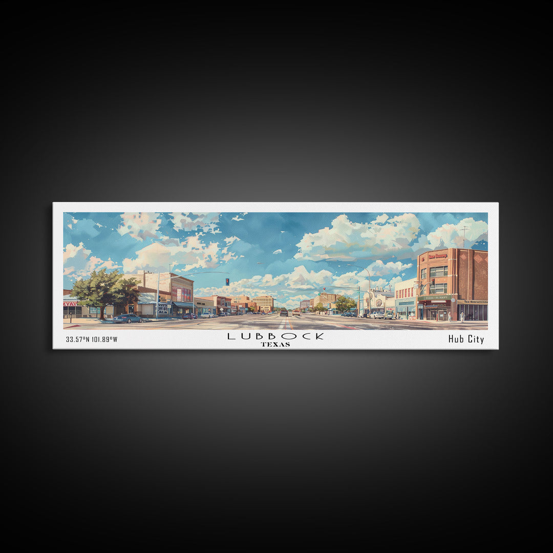Lubbock Texas Panoramic Cityscape Wall Art, Watercolor Framed Canvas Print, Urban Painting for Living Room, Office Decor, Travel Poster