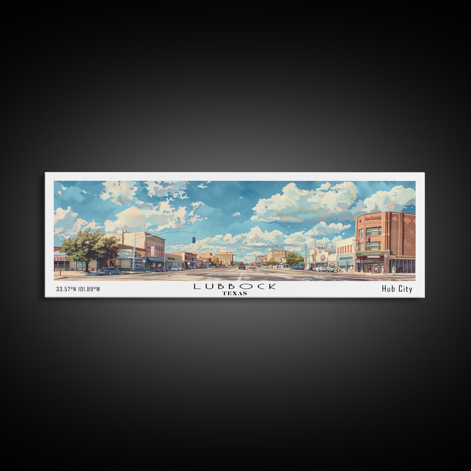 Lubbock Texas Panoramic Cityscape Wall Art, Watercolor Framed Canvas Print, Urban Painting for Living Room, Office Decor, Travel Poster