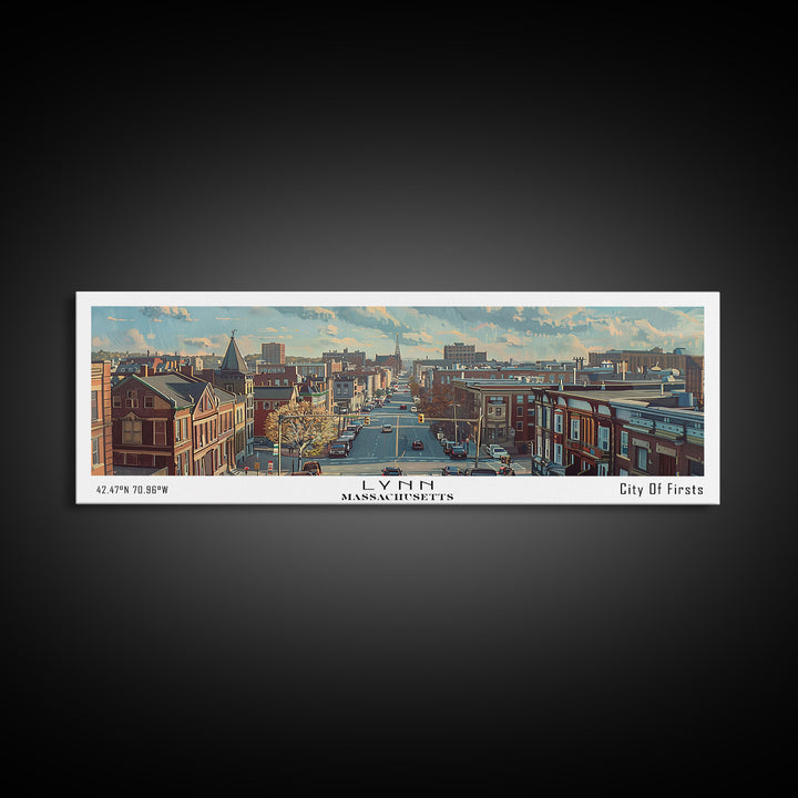 Lynn Massachusetts Panoramic Cityscape Wall Art, Watercolor Framed Canvas Print, Urban Painting for Living Room, Office Decor, Travel Poster
