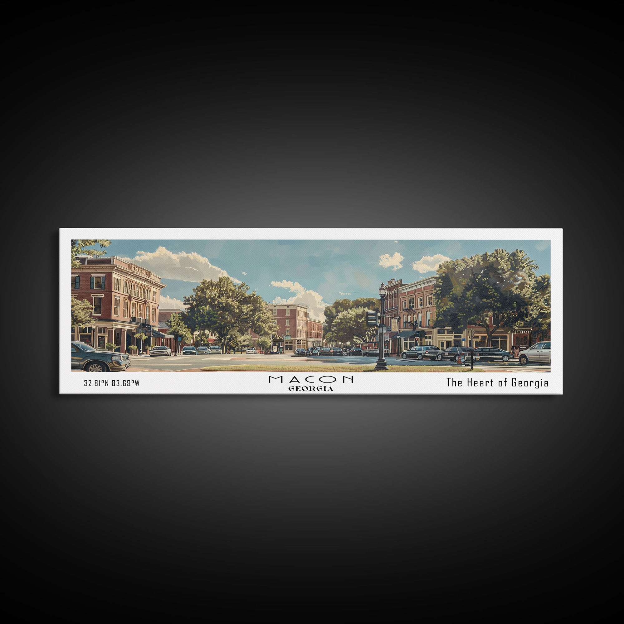 Macon Georgia Panoramic Watercolor Cityscape, Framed Canvas Print for Living Room, Office Wall Art, Urban Decor, Travel Poster
