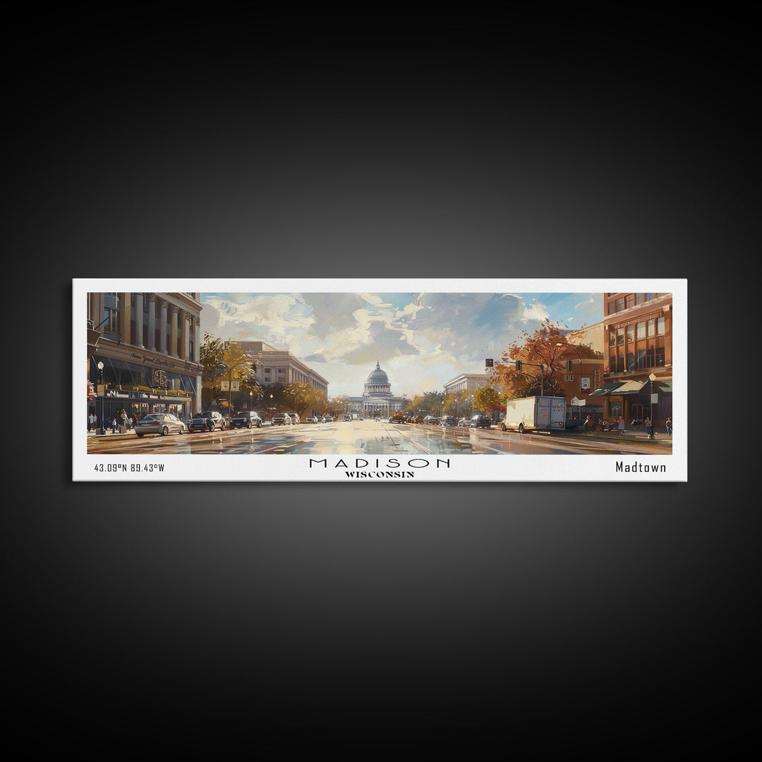 Madison Wisconsin Panoramic Framed Canvas Print, Stunning Watercolor Painting, City Wall Art, Office Decor, Living Room Art, Travel Poster