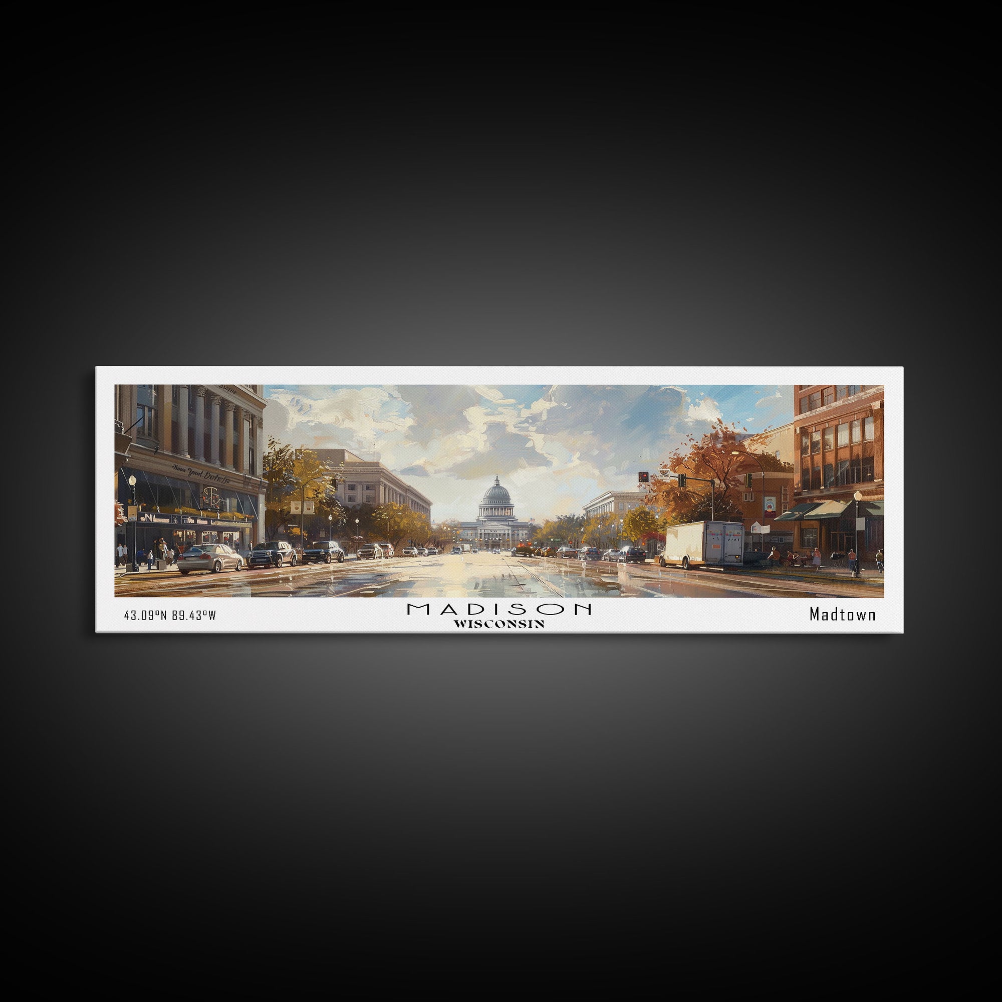Madison Wisconsin Panoramic Framed Canvas Print, Stunning Watercolor Painting, City Wall Art, Office Decor, Living Room Art, Travel Poster