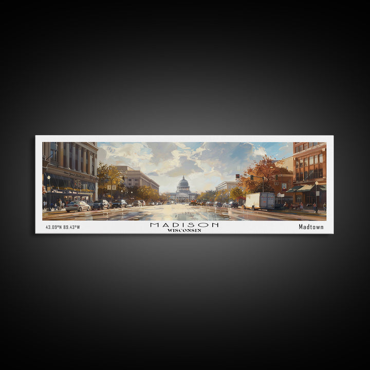 Madison Wisconsin Panoramic Framed Canvas Print, Stunning Watercolor Painting, City Wall Art, Office Decor, Living Room Art, Travel Poster