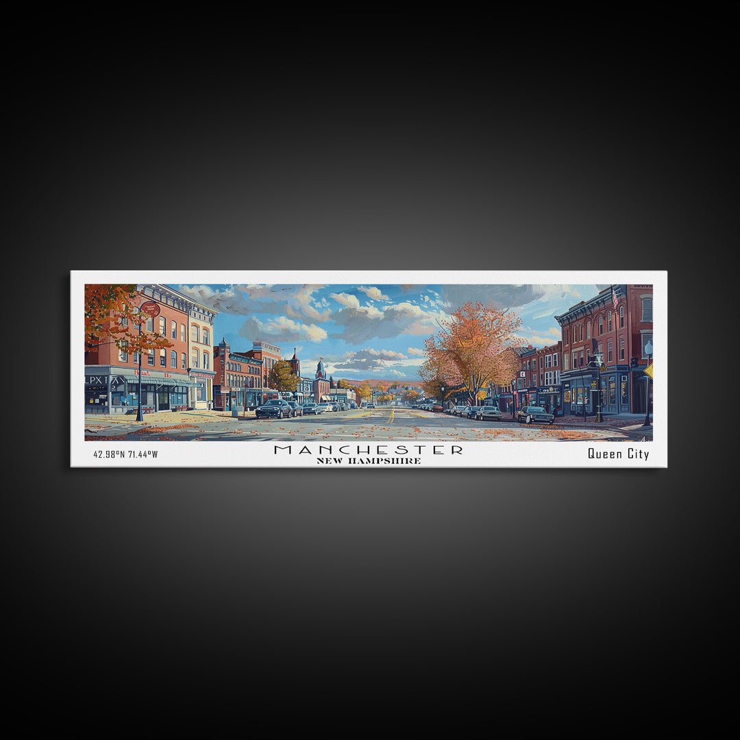 Manchester New Hampshire Panoramic Framed Canvas Print, Beautiful Watercolor Painting, City Wall Art, Office Decor, Living Room Art