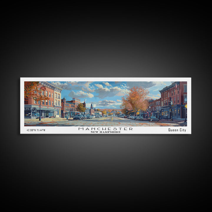 Manchester New Hampshire Panoramic Framed Canvas Print, Beautiful Watercolor Painting, City Wall Art, Office Decor, Living Room Art