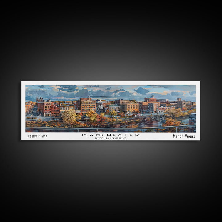 Manchester New Hampshire Panoramic Framed Canvas Print, Stunning Watercolor Painting, City Wall Art, Office Decor, Living Room Art