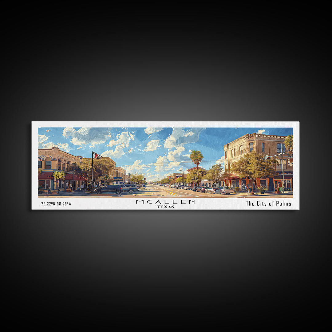 McAllen Texas Panoramic Framed Canvas Print, Watercolor Cityscape, Office Wall Art, Living Room Decor, Travel Poster, City Art, Home Decor