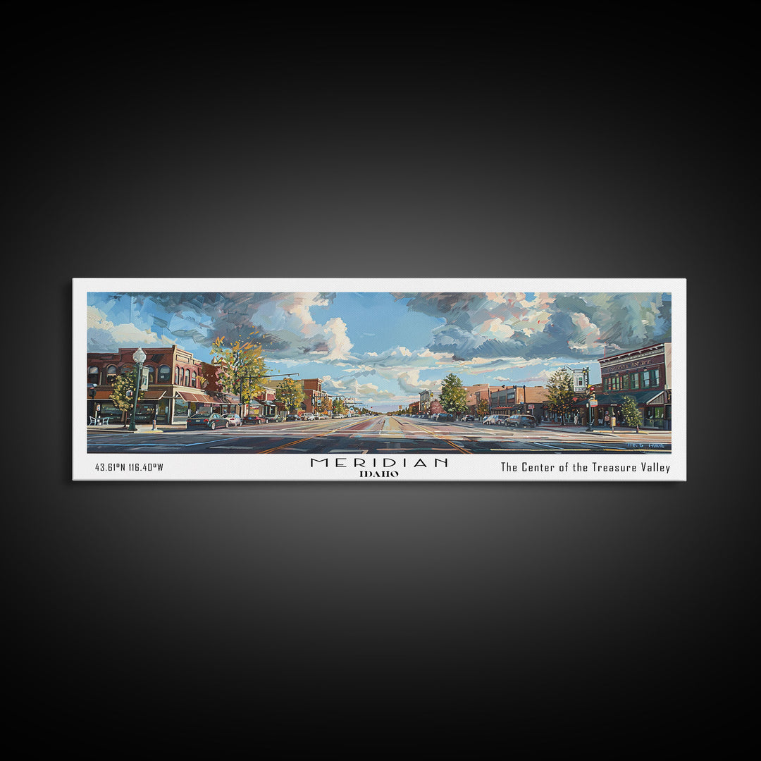 Meridian Idaho Panoramic Framed Canvas Print, Stunning Watercolor Art, Office Wall Decor, Travel Poster, Living Room Decor, City Print