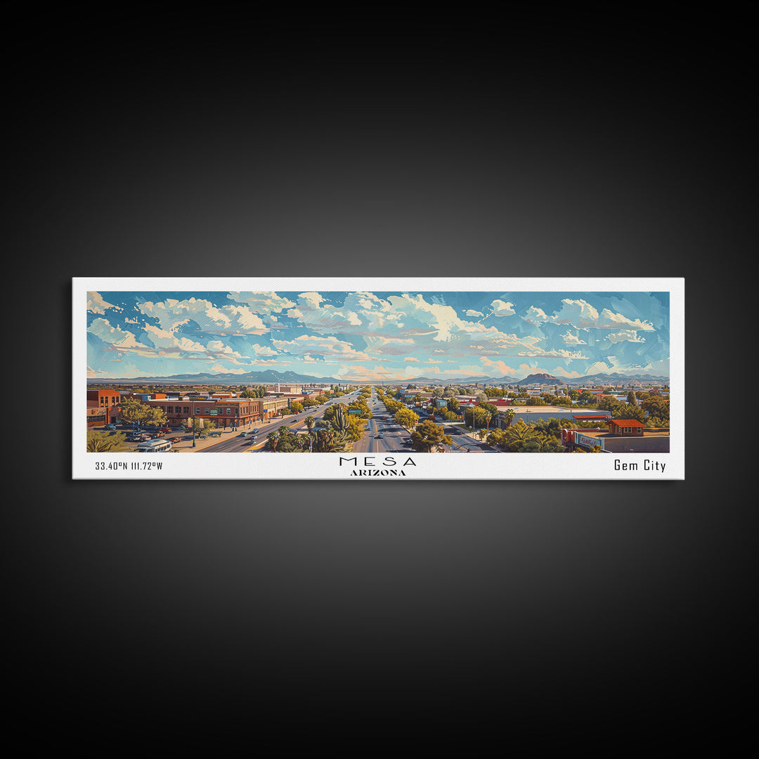 Mesa Arizona Panoramic Framed Canvas Print, Watercolor Cityscape, Perfect Office Wall Art, Travel Poster, Living Room Decor, City Wall Art