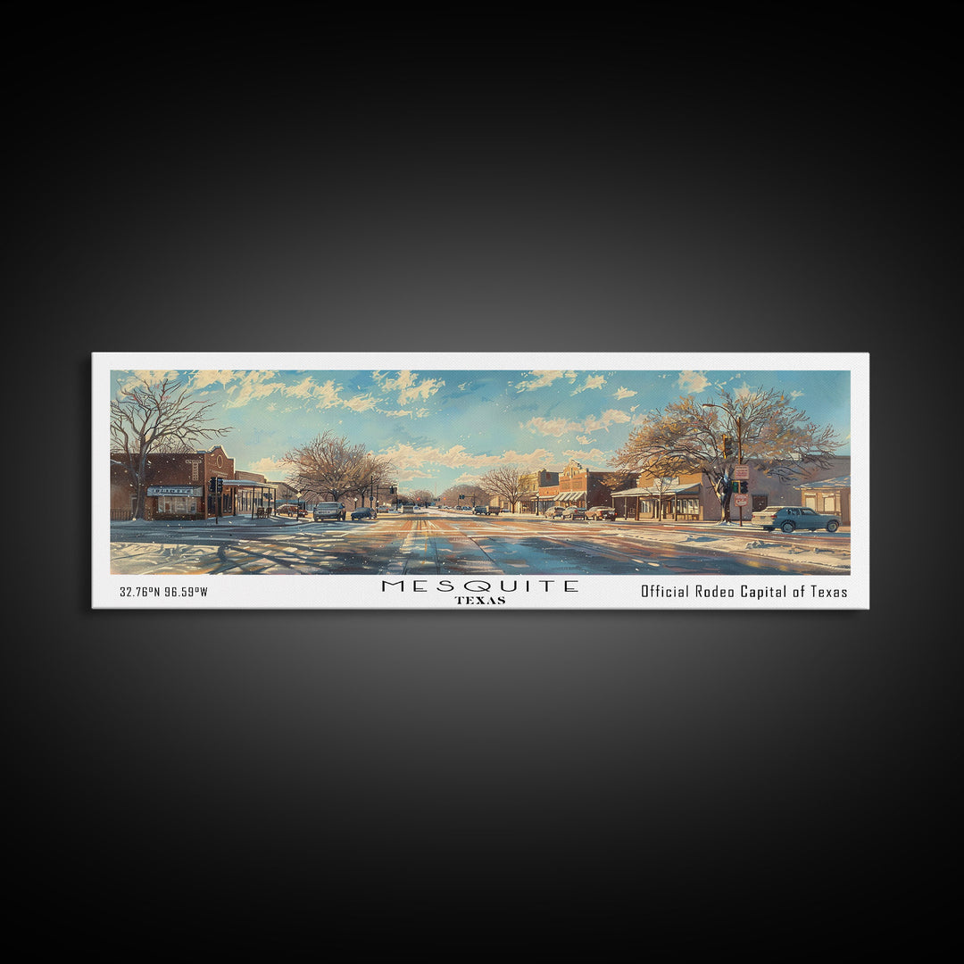 Mesquite Texas Panoramic Framed Canvas Print, Beautiful Watercolor Painting, Office Wall Art, Travel Poster, Living Room Decor, City Art