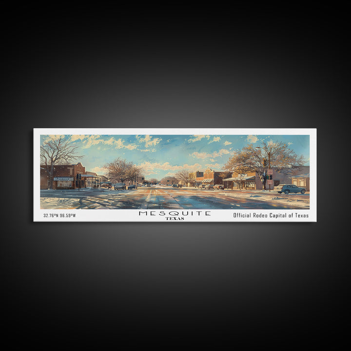 Mesquite Texas Panoramic Framed Canvas Print, Beautiful Watercolor Painting, Office Wall Art, Travel Poster, Living Room Decor, City Art