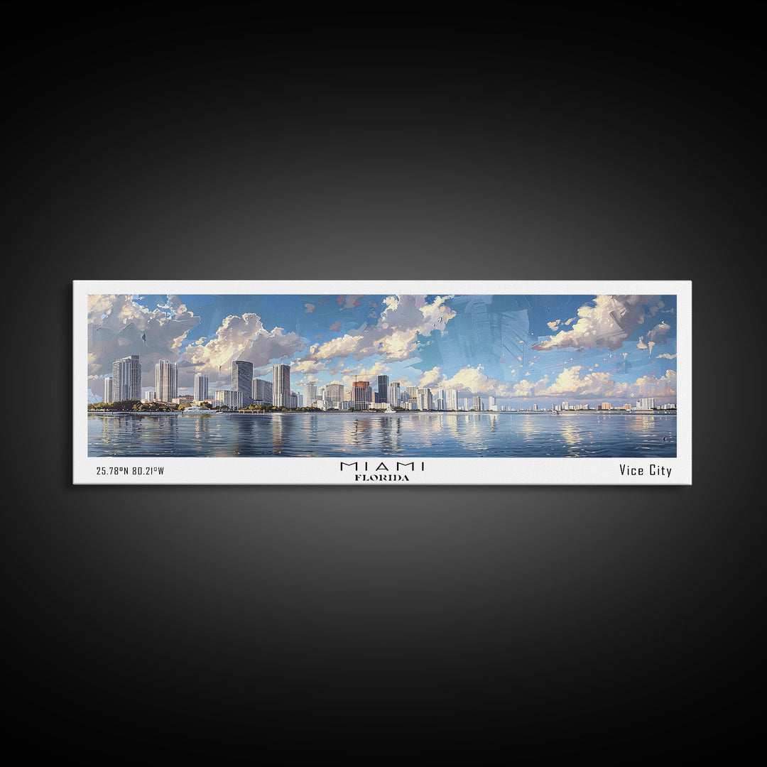 Miami Florida Panoramic Framed Canvas Print, Stunning Watercolor Cityscape, Office Wall Art, Travel Poster, Living Room Decor, City Art