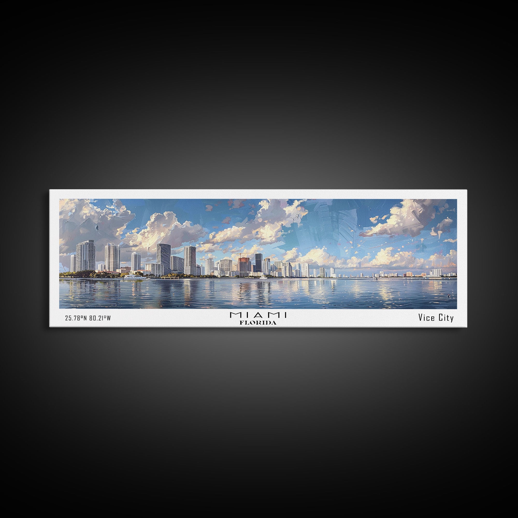 Miami Florida Panoramic Framed Canvas Print, Stunning Watercolor Cityscape, Office Wall Art, Travel Poster, Living Room Decor, City Art