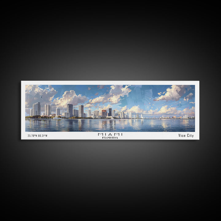 Miami Florida Panoramic Framed Canvas Print, Stunning Watercolor Cityscape, Office Wall Art, Travel Poster, Living Room Decor, City Art