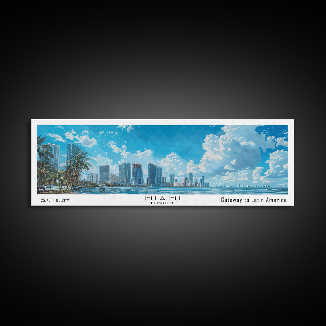 Miami Florida Panoramic Framed Canvas Print, Watercolor Painting, Office Wall Decor, Travel Poster, Home Decor, City Art, Gift Idea