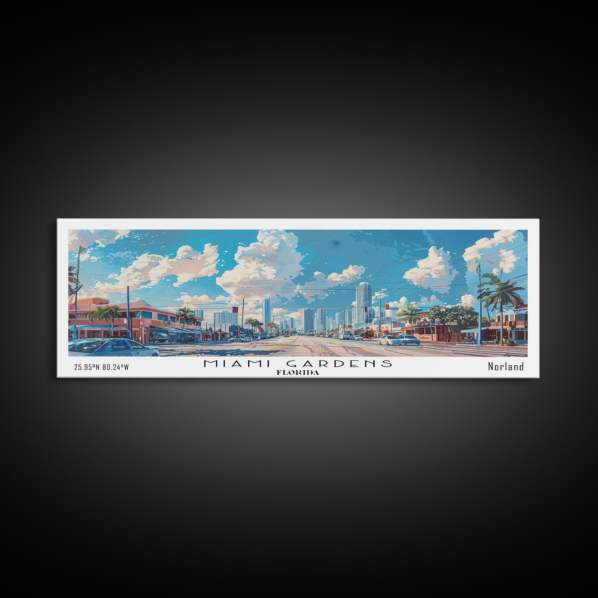 Miami Gardens Florida Panoramic Framed Canvas Print, Beautiful Watercolor City Art, Office Wall Decor, Travel Poster, Living Room Decor